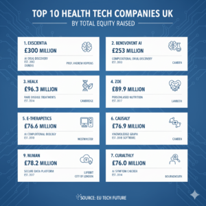 This infographic, sourced from EU TECH FUTURE, presents the Top 10 Health Tech Companies in the UK by Total Equity Raised, dominated by AI-driven drug discovery firms: Exscientia leads with £300 million followed closely by Benevolent AI at £253 million, with Healx ($\text{£}90.3 \text{ million}$) and ZOE ($\text{£}89.9 \text{ million}$) rounding out the top four. The ranking continues with E-therapeutics ($\text{£}76.8 \text{ million}$), Causaly ($\text{£}62.2 \text{ million}$), Numan ($\text{£}56.6 \text{ million}$), Current Health ($\text{£}54.0 \text{ million}$), Lifebit ($\text{£}52.1 \text{ million}$), and concludes with Healthily at $\text{£}51.0 \text{ million}$, illustrating a strong trend toward deep tech, computational biology, and data-driven personalized health solutions within the UK's tech ecosystem.
